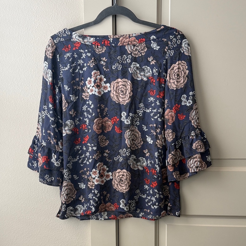 LOFT Navy Floral Blouse with Ruffled Sleeves
